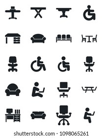 Set of vector isolated black icon - cafe vector, waiting area, disabled, office chair, desk, picnic table, cushioned furniture, restaurant, man with notebook
