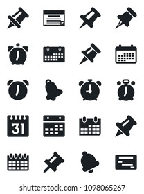 Set of vector isolated black icon - alarm clock vector, drawing pin, calendar, paper, bell, schedule