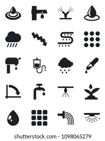 Set of vector isolated black icon - crisis graph vector, watering, water drop, rain, drip irrigation, dropper, menu, supply, sprinkler