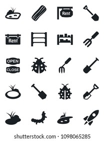 Set of vector isolated black icon - job vector, garden fork, shovel, lady bug, caterpillar, pond, rack, rent, bacon, open close, rocket
