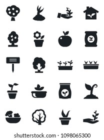 Set of vector isolated black icon - flower in pot vector, seedling, tree, sproute, plant label, fertilizer, fruit, salad, apple, eco house, palm