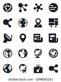 Set of vector isolated black icon - satellite antenna vector, bomb in case, globe, plane, earth, pin, consolidated cargo, network, share, news, social media