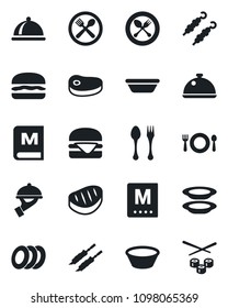 Set of vector isolated black icon - spoon and fork vector, dish, cafe, menu, plates, waiter, steak, kebab, hamburger, bowl, sushi