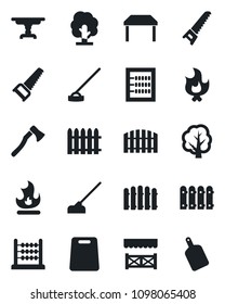 Set of vector isolated black icon - fence vector, tree, saw, fire, hoe, axe, abacus, table, alcove, cutting board