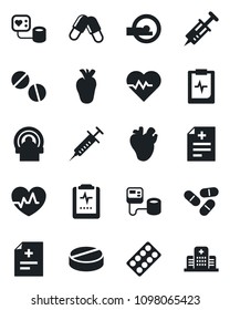 Set of vector isolated black icon - heart pulse vector, diagnosis, syringe, blood pressure, pills, blister, tomography, real, clipboard, hospital