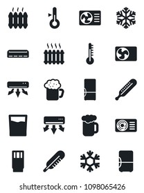 Set of vector isolated black icon - thermometer vector, heater, air conditioner, fridge, drink, beer, snowflake