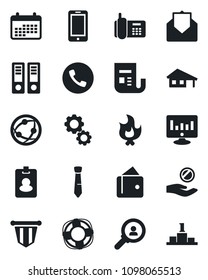 Set of vector isolated black icon - phone vector, mobile, pennant, office binder, statistic monitor, fire, news, network, mail, tie, house with garage, pass card, consumer search, gear, wallet