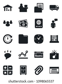 Set of vector isolated black icon - bomb in case vector, passport, speaking man, calculator, abacus, brainstorm, manager place, cash, car delivery, folder document, group, clock, paper clip, rooms