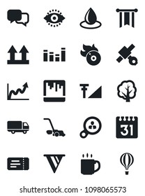 Set of vector isolated black icon - ticket vector, tree, lawn mower, water drop, satellite, car delivery, up side sign, flame disk, equalizer, dialog, scanner, calendar, eye id, cellular signal