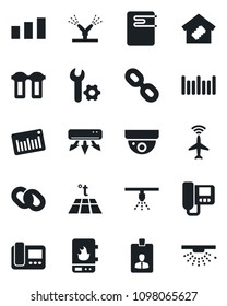 Set of vector isolated black icon - plane radar vector, identity card, sorting, barcode, chain, root setup, air conditioner, smart home, irrigation, water heater, intercome, filter, warm floor