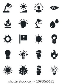 Set of vector isolated black icon - sun vector, bulb, lady bug, fire, eye, important flag, brightness, desk lamp, water, energy saving, shining head, idea