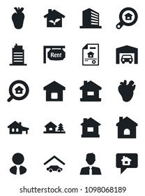 Set of vector isolated black icon - office building vector, house, real heart, with garage, tree, estate document, rent, search, agent, smart home, city, eco, message