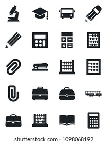 Set of vector isolated black icon - airport bus vector, book, calculator, graduate, abacus, microscope, case, paper clip, pencil, stapler