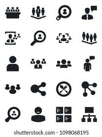 Set of vector isolated black icon - spoon and fork vector, checkroom, speaking man, team, meeting, patient, group, user, hr, company, client search, consumer, social media, hierarchy