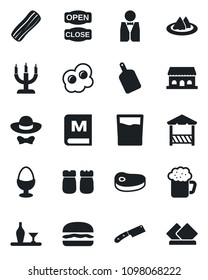 Set of vector isolated black icon - waiter vector, alcohol, serviette, menu, drink, beer, bacon, egg stand, salt and pepper, cafe building, candle, dress code, open close, alcove, steak, hamburger