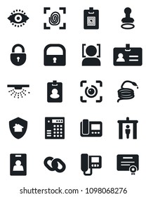Set of vector isolated black icon - security gate vector, identity, stamp, lock, hose, chain, face id, eye, card, fingerprint, intercome, home protect, combination, pass, sprinkler, certificate