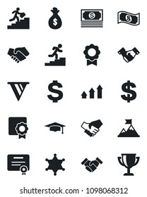 Set of vector isolated black icon - handshake vector, dollar sign, graduate, cash, sertificate, career ladder, police, arrow up graph, motivation, money bag, pennon, certificate, award cup