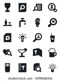 Set of vector isolated black icon - document search vector, heart diagnostic, fragile, cargo, water supply, alcohol, wine card, drink, cocktail, phyto bar, beer, energy saving bulb, consumer, money