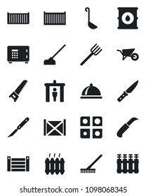 Set of vector isolated black icon - security gate vector, safe, farm fork, rake, wheelbarrow, saw, hoe, garden knife, scalpel, cargo container, oil barrel, application, heater, dish, ladle, radiator