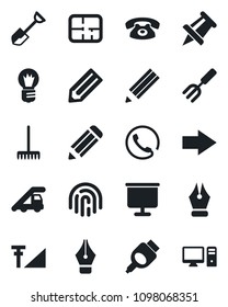 Set of vector isolated black icon - right arrow vector, ladder car, drawing pin, bulb, pencil, garden fork, shovel, rake, hdmi, fingerprint id, cellular signal, presentation board, ink pen, plan, pc