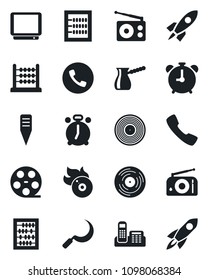 Set of vector isolated black icon - alarm clock vector, phone, abacus, sickle, plant label, reel, vinyl, flame disk, radio, tv, call, office, turkish coffee, rocket