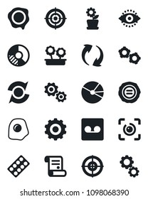 Set of vector isolated black icon - gear vector, circle chart, stamp, contract, pills blister, update, record, eye id, pie graph, target, flower in pot, omelette