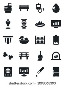Set of vector isolated black icon - ticket office vector, passport, luggage storage, pennant, statistic monitor, water drop, bench, dropper, broken bone, traffic light, low battery, themes, copier
