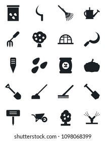 Set of vector isolated black icon - job vector, garden fork, rake, watering can, wheelbarrow, hoe, sickle, plant label, pumpkin, greenhouse, seeds, fertilizer, fruit tree, irrigation