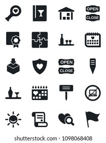 Set of vector isolated black icon - no laptop vector, contract, plant label, heart diagnostic, shield, medical calendar, warehouse, package, application, sertificate, alcohol, wine card, open close
