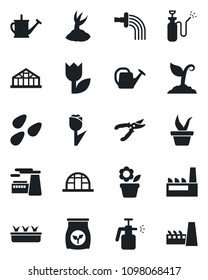 Set of vector isolated black icon - factory vector, flower in pot, seedling, watering can, sproute, pruner, greenhouse, seeds, garden sprayer, fertilizer, tulip