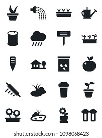 Set of vector isolated black icon - seedling vector, watering can, rain, plant label, seeds, pond, oil barrel, house with tree, flower in pot, rolling pin, apple fruit, water filter