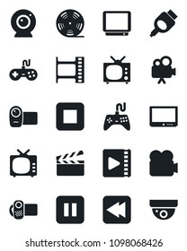 Set of vector isolated black icon - clapboard vector, film frame, reel, tv, gamepad, video camera, pause button, stop, rewind, hdmi, web, surveillance