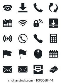 Set of vector isolated black icon - mail vector, mouse, calendar, call, update, download, calculator, wireless, phone, lock, flag
