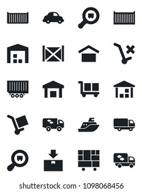 Set of vector isolated black icon - sea shipping vector, truck trailer, cargo container, car delivery, consolidated, warehouse storage, no trolley, package, search, moving