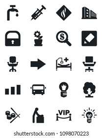 Set of vector isolated black icon - airport bus vector, baby room, right arrow, bulb, tree, syringe, hospital bed, sorting, notes, lock, office chair, water supply, building, flower in pot, vip zone