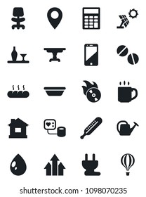 Set of vector isolated black icon - office chair vector, watering can, house, water drop, blood pressure, thermometer, pills, pin, flame disk, cell phone, coffee, calculator, table, alcohol, bread