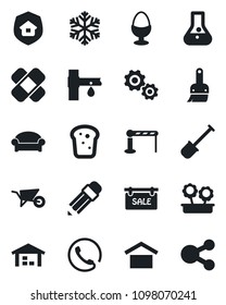 Set of vector isolated black icon - barrier vector, waiting area, shovel, wheelbarrow, drip irrigation, patch, warehouse storage, themes, pencil, sale, flower in pot, phone, estate insurance, bread