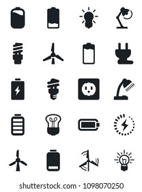 Set of vector isolated black icon - battery vector, low, charge, desk lamp, windmill, socket, power plug, bulb, energy saving, idea