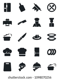 Set of vector isolated black icon - fridge vector, cook, restaurant table, serviette, cafe, hat, plates, waiter, rolling pin, cutting board, knife, steaming pan