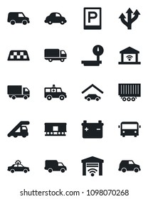 Set of vector isolated black icon - taxi vector, airport bus, parking, alarm car, ladder, ambulance, route, truck trailer, delivery, heavy scales, railroad, garage, gate control, battery