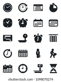 Set of vector isolated black icon - alarm clock vector, flight table, calendar, heavy scales, stopwatch, manager, schedule, sand