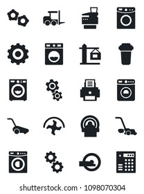 Set of vector isolated black icon - washer vector, fork loader, gear, ripper, lawn mower, tomography, printer, copier, crane, water filter, combination lock