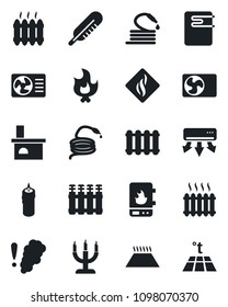 Set of vector isolated black icon - fire vector, hose, fireplace, thermometer, heater, air conditioner, candle, water, smoke detector, radiator, warm floor