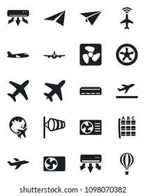 Set of vector isolated black icon - plane vector, radar, departure, wind, seat map, globe, air conditioner, fan, paper, balloon