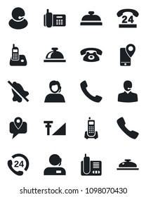 Set of vector isolated black icon - reception bell vector, office phone, 24 hours, support, mobile tracking, radio, call, mute, cellular signal