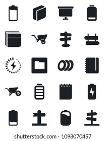 Set of vector isolated black icon - signpost vector, notepad, presentation board, wheelbarrow, battery, low, folder, charge, blank box, plates, guidepost