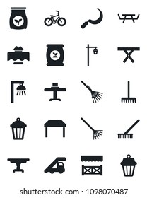Set of vector isolated black icon - ladder car vector, rake, sickle, garden light, picnic table, fertilizer, bike, restaurant, alcove, outdoor lamp