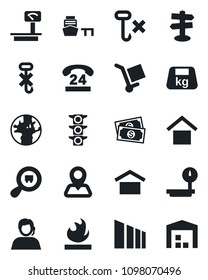 Set of vector isolated black icon - signpost vector, navigation, earth, cash, traffic light, 24 hours, support, sea port, cargo, warehouse storage, no hook, sorting, heavy, flammable, scales, search