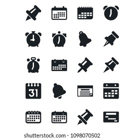 Set of vector isolated black icon - alarm clock vector, drawing pin, term, paper, bell, calendar, schedule