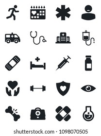 Set Of Vector Isolated Black Icon - Doctor Case Vector, Stethoscope, Syringe, Dropper, Ampoule, Patch, Ambulance Star, Car, Barbell, Run, Heart Shield, Hospital Bed, Hand, Eye, Broken Bone, Patient